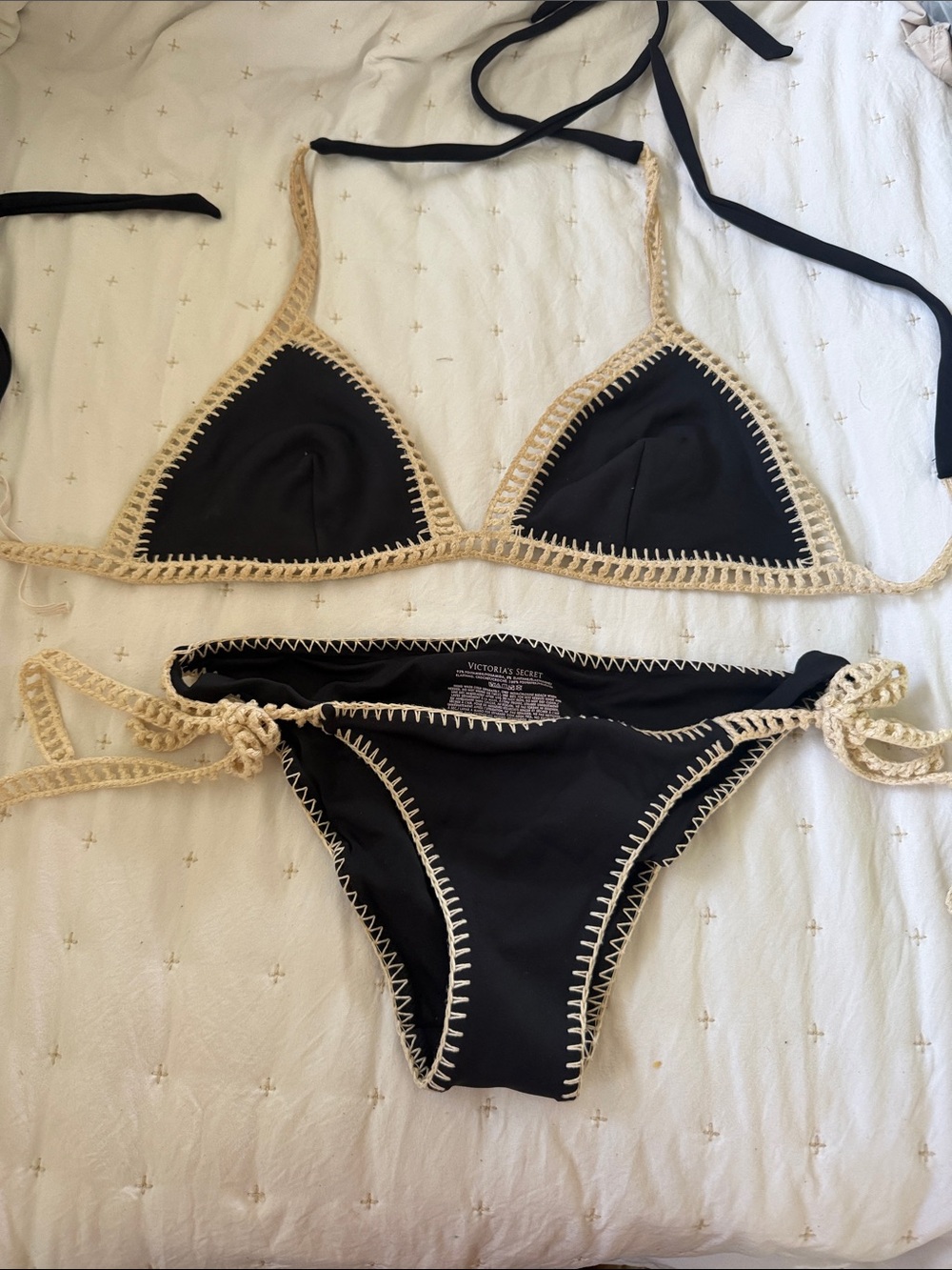 Victoria's Secret Black Bikini with Cream Crochet Trim